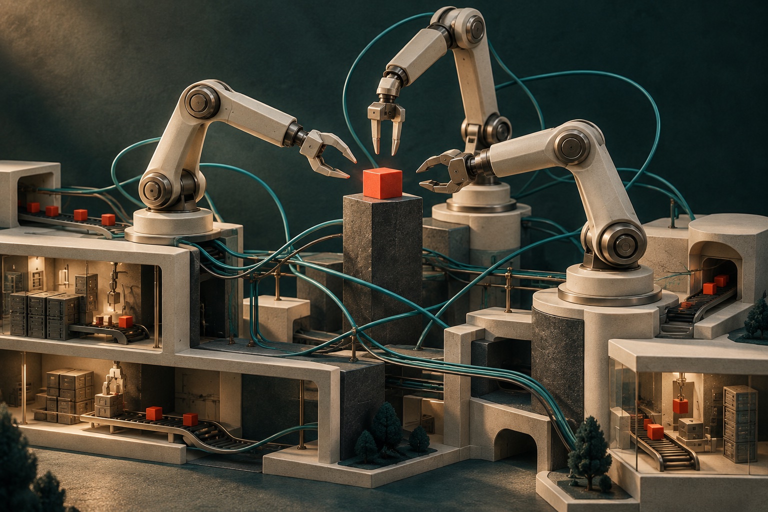 Three industrial robotic arms converging on the same red component