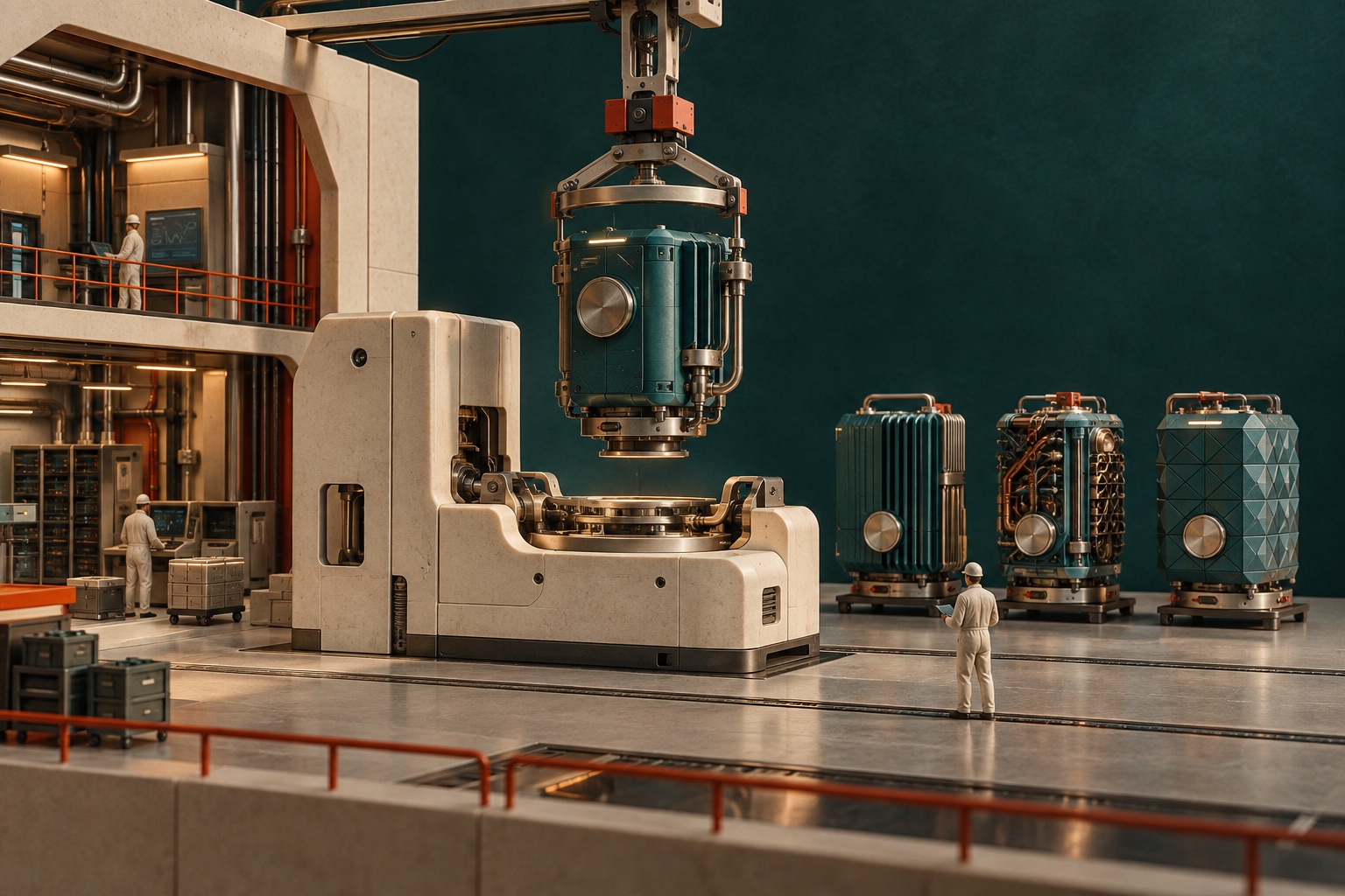 An interchangeable teal engine suspended above an ivory machine with alternative modules nearby